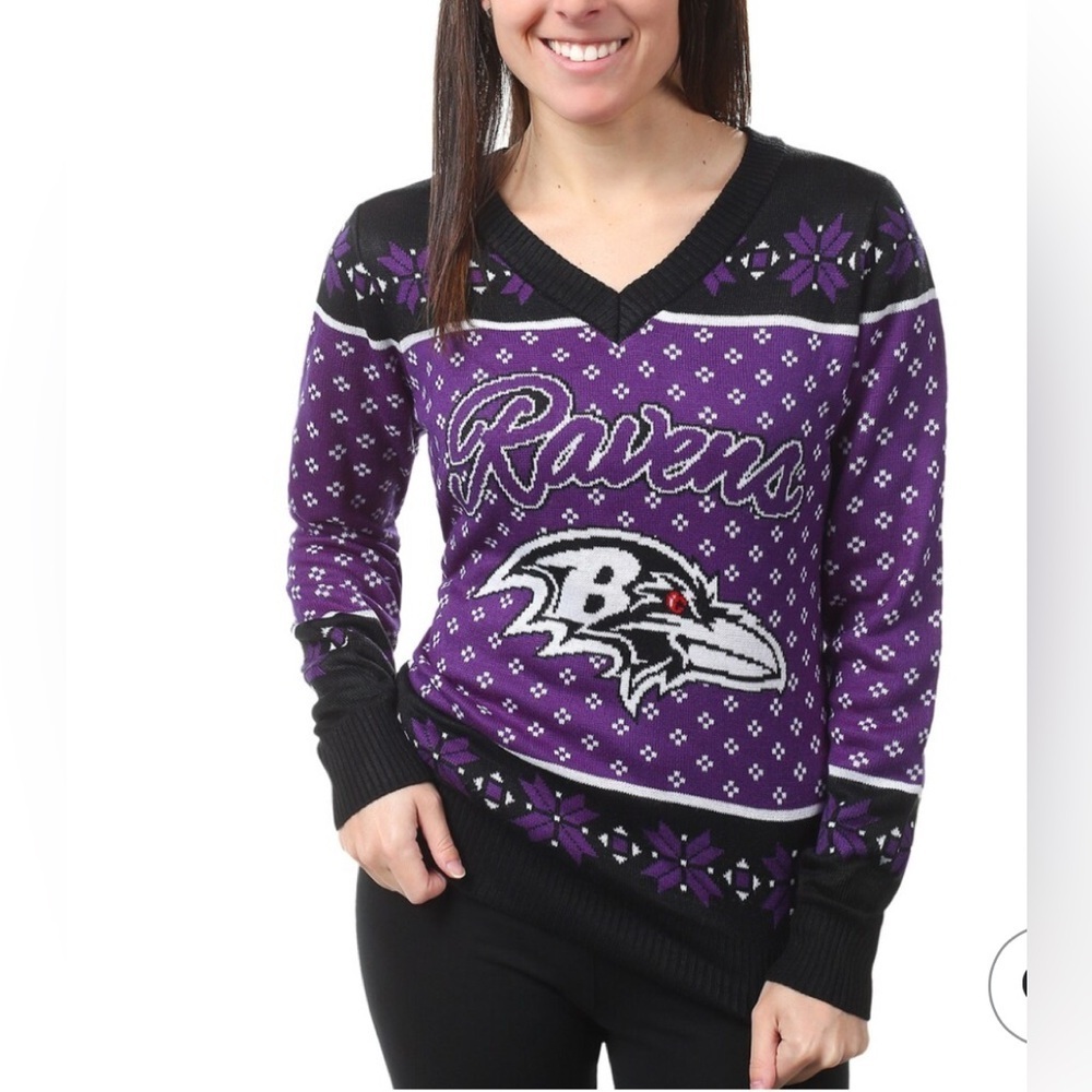 NFL Team Apparel Baltimore Ravens V Neck Big Logo Pattern Sweater Women’s SZ XL